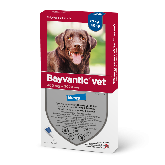 BAYVANTIC VET paikallisvaleluliuos 400/2000 mg koirille 25–40 kg 4 x 4 ml