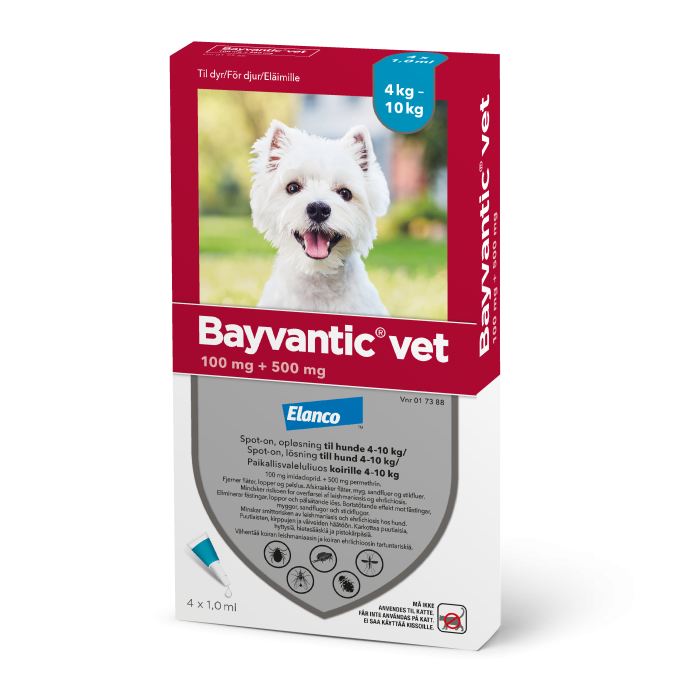 BAYVANTIC VET paikallisvaleluliuos 100/500 mg koirille 4–10 kg 4 x 1 ml